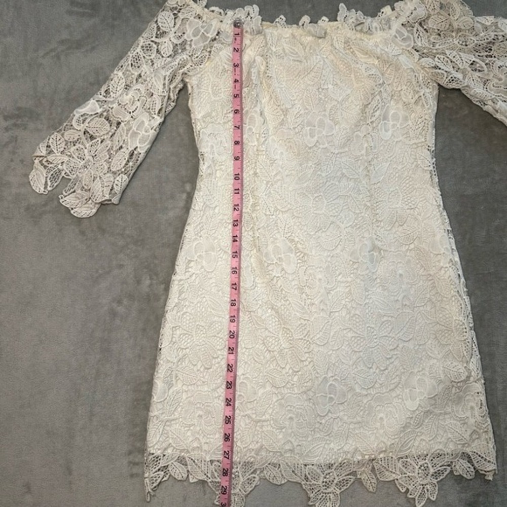 ASTR Lace Mini Dress Women Sz M Ivory Off Shoulder Crochet Cocktail Bridal Boho - Picture 8 of 12